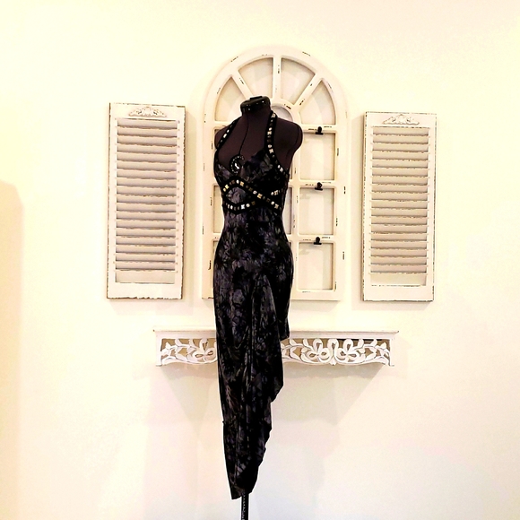 Bebe XS Black & Grey Embellished Tie-dye gown - Picture 6 of 9